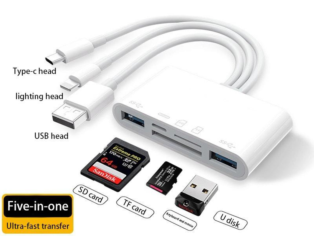 5-in-1 Multi-Function Card Reader - USB-C, USB 3.0 & Lightning